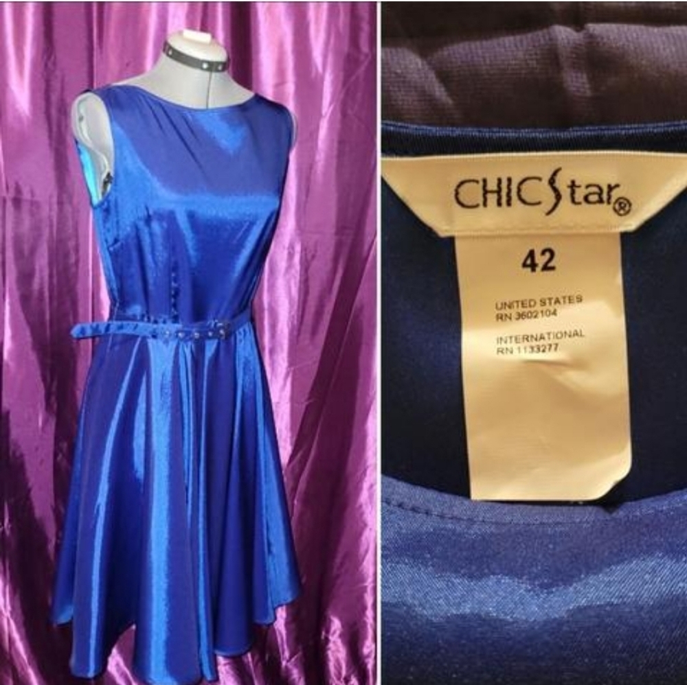 Beautiful shimmery blue fit & flare belted dress by Chic Star!